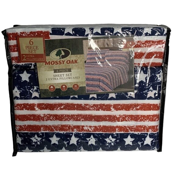 Mossy Oak Patriotic 6 Pc Sheet Set King Stars & Stripes Red White Blue NIP New - Picture 1 of 5